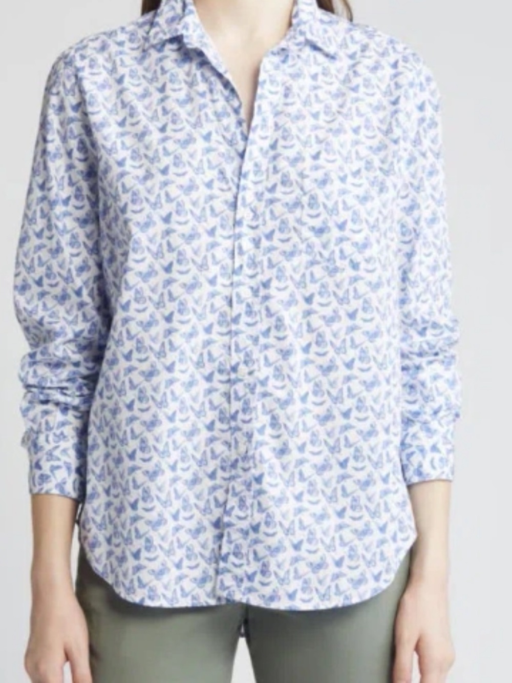 Frank & Eileen White Button-Up Shirt with Blue Butterfly Motif